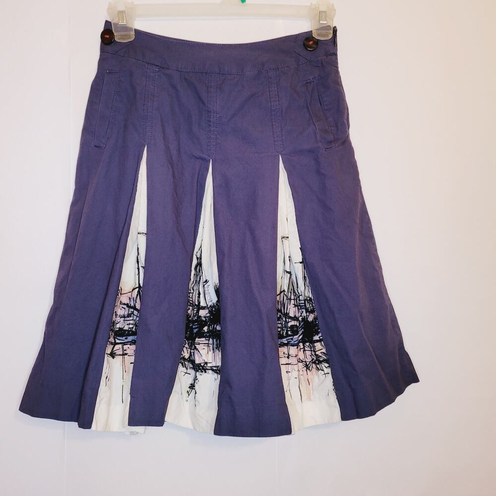 Merona blue and white nautical boat print pleated knee length skirt sz 2 preppy